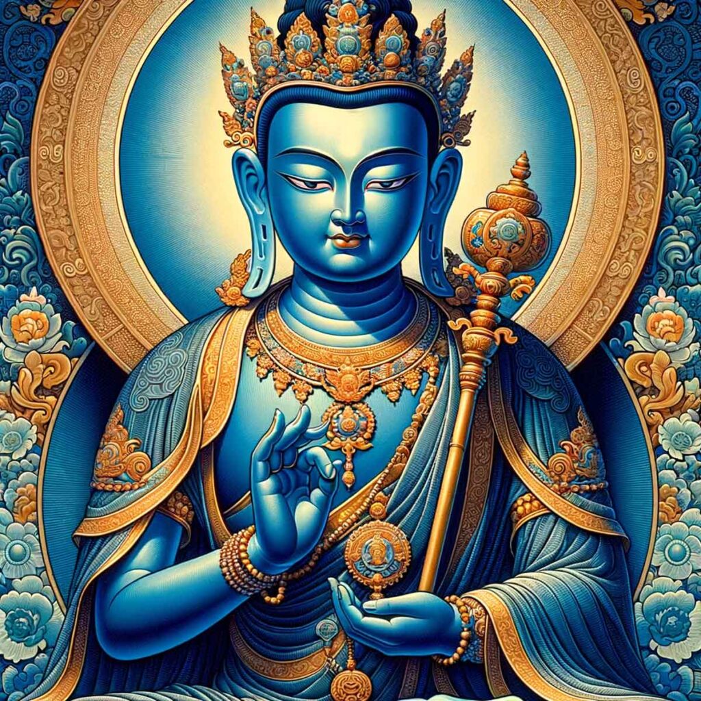 El Buda Akshobya, suele representarse de color azul.